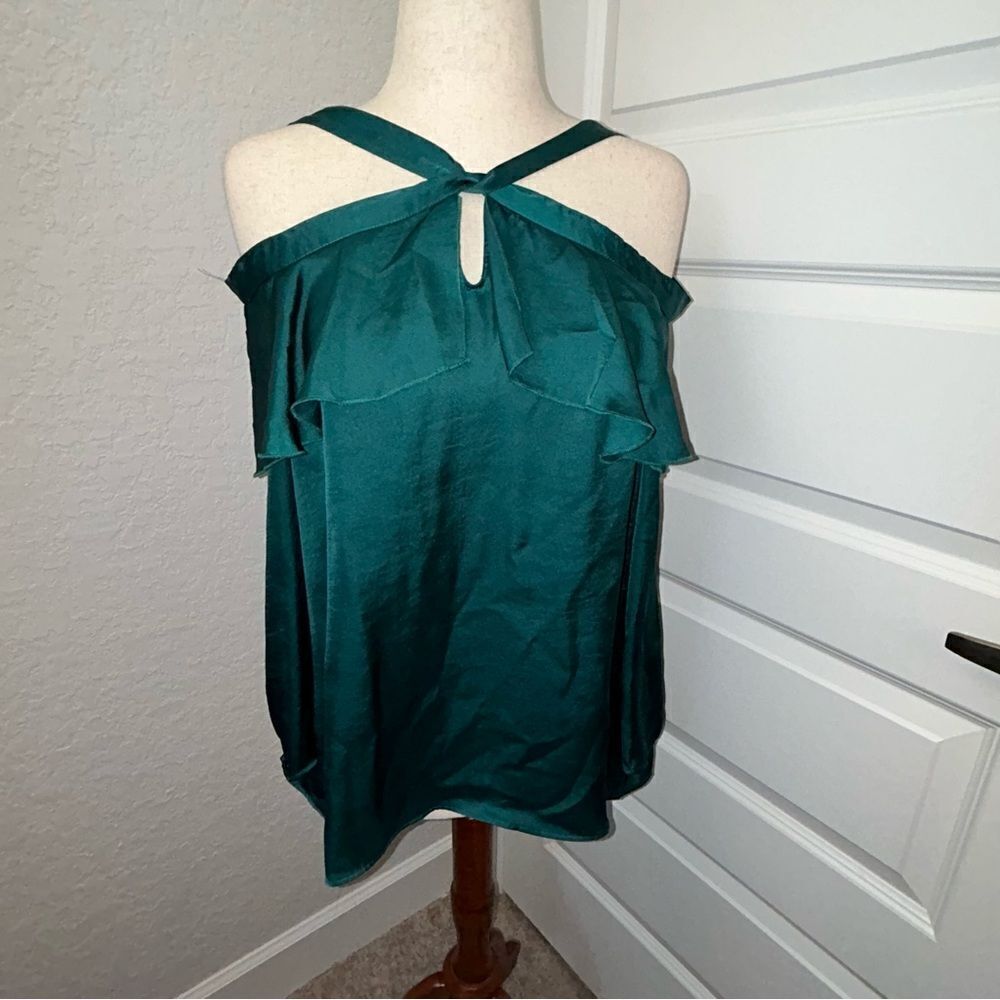 Libby Edelman Open Shoulder Ruffle Bell Sleeve Blouse Shirt Top